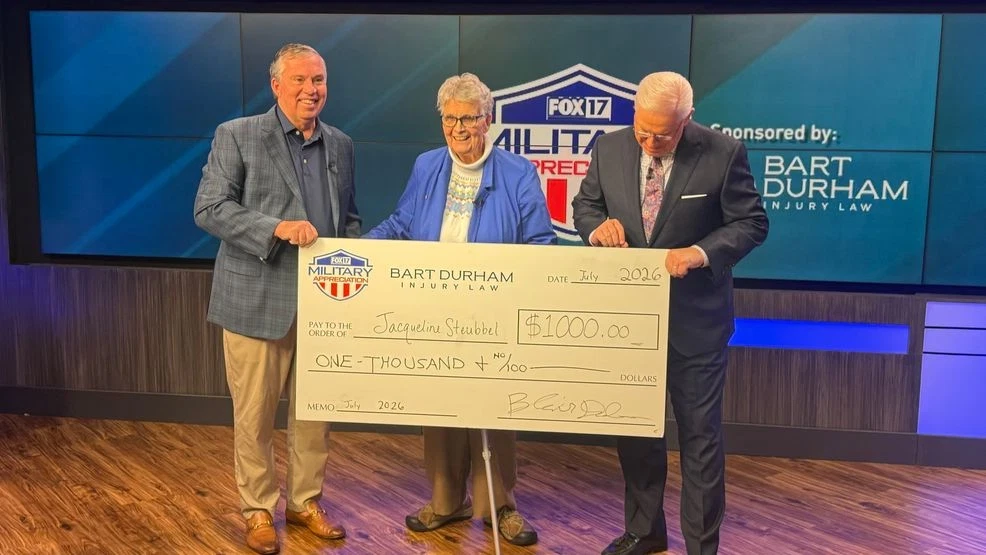 FOX 17, Bart Durham Injury Law honor July Military Appreciation winner Jacqueline Steubbe